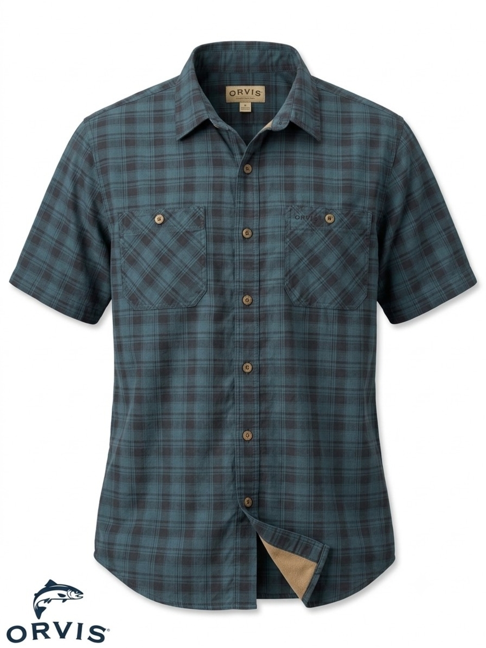 Orvis Plaid Fishing Shirt Mens Medium Blue Hiking Short Sleeve Tech Button Down